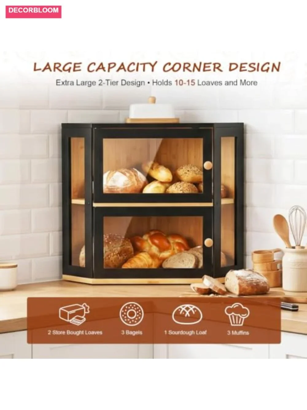 Corner Bread Box, Extra Large Double Layer Bamboo with Acrylic Door for Kitchen